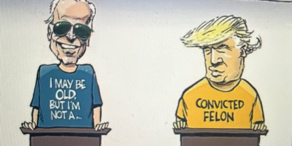 Joe Biden and Donald Trump at the debate.  Biden wears a shirt that says, 